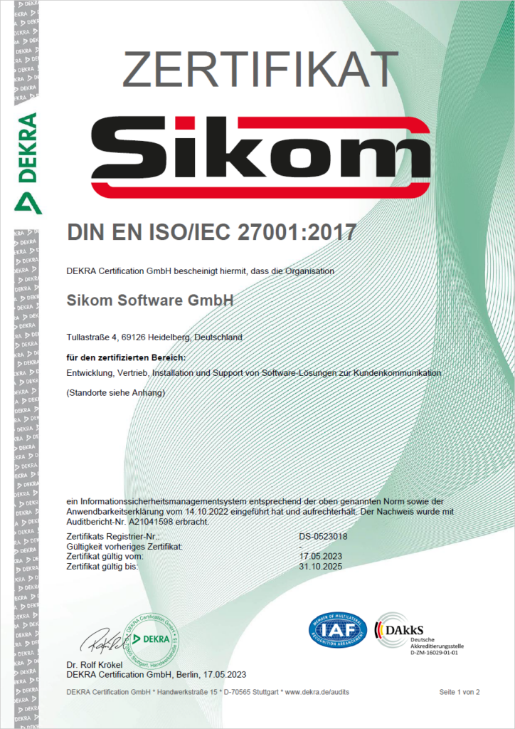 ISO 27001 Zertifikat für Sikom Software GmbH - ausgestellt am 17.05.2023 von der DEKRA Certification GmbH